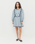 Laney Short Dress in blue floral cotton and Shelly Navy Suede Flat Sandal.