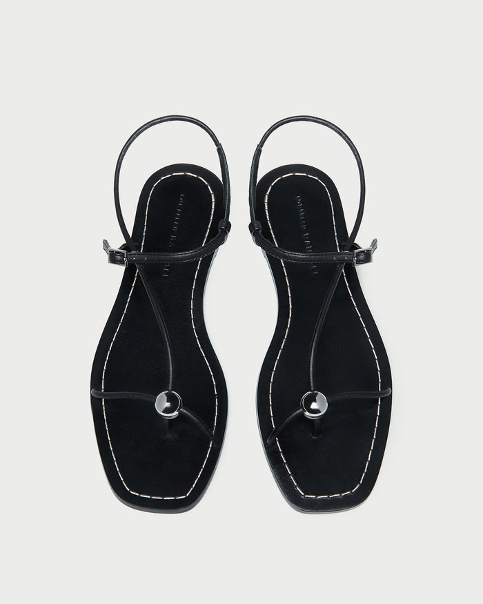 Lara Black Leather Sandal in black leather with a silver ball accent.