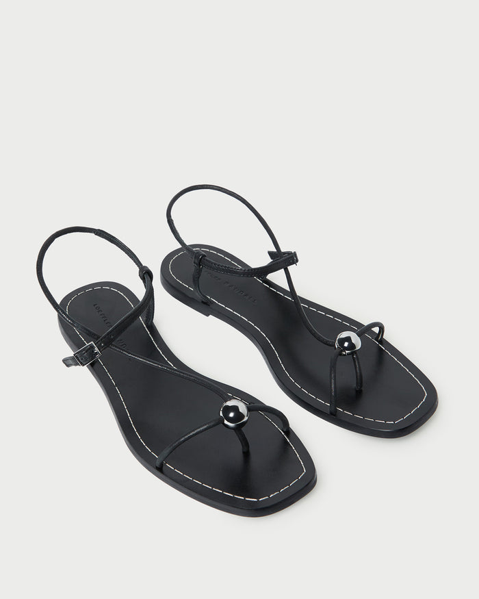 Lara Black Leather Sandal in black leather with a silver ball accent.