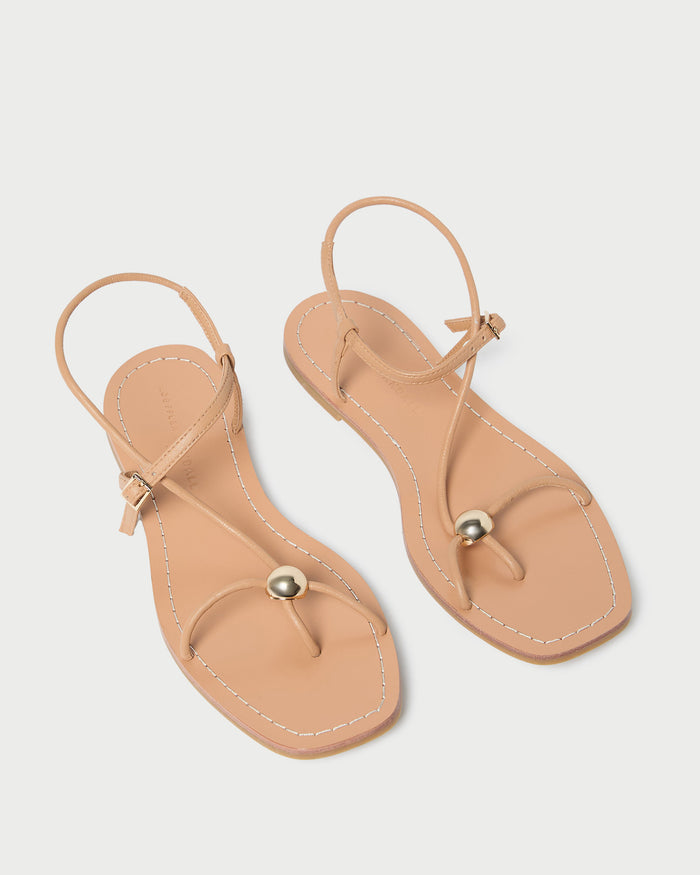 Lara Dune Leather Sandal in dune tan leather with a gold ball accent.