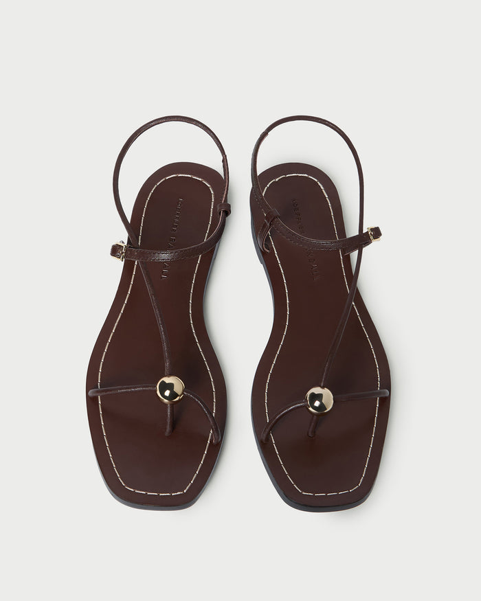 Lara Espresso Leather Sandal in espresso brown leather with a gold ball accent.
