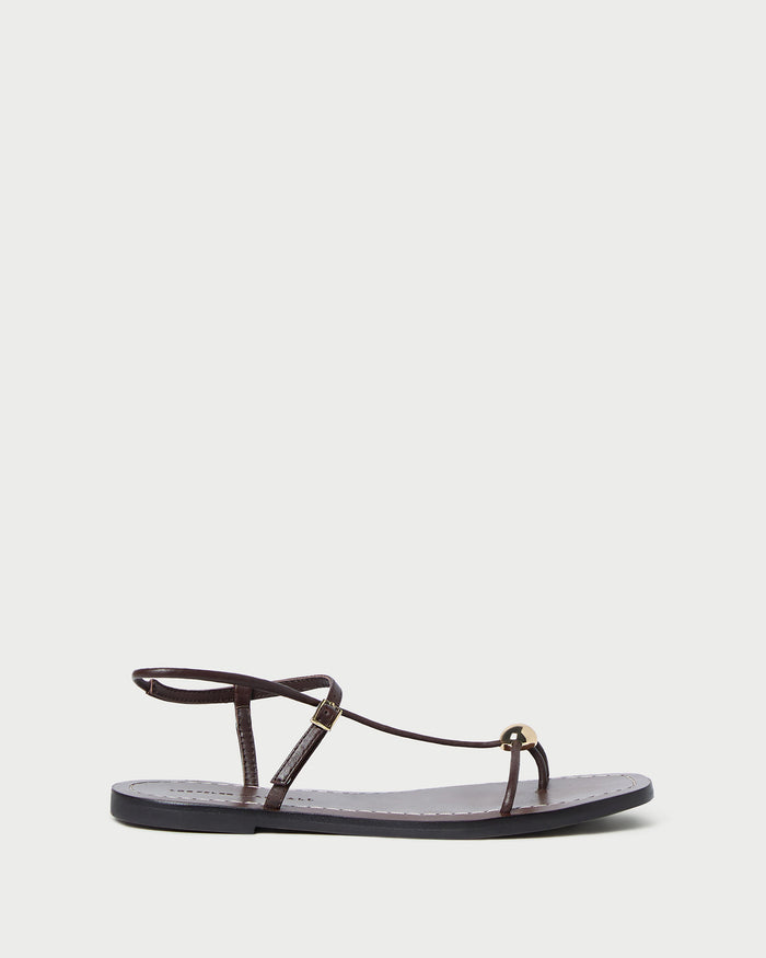 Lara Espresso Leather Sandal in espresso brown leather with a gold ball accent.