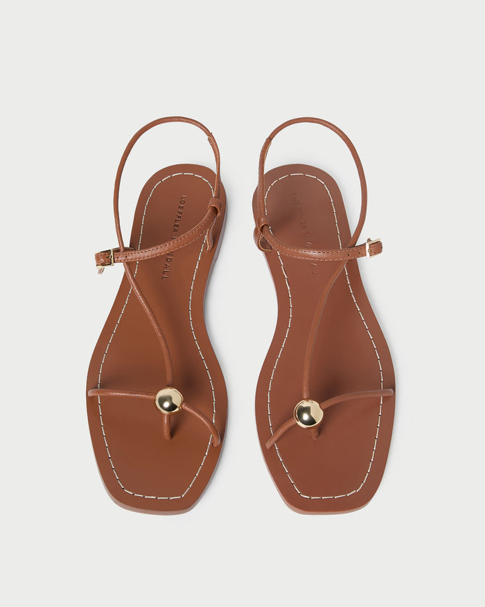 Lara Timber Leather Sandal in timber brown leather with a gold ball accent.