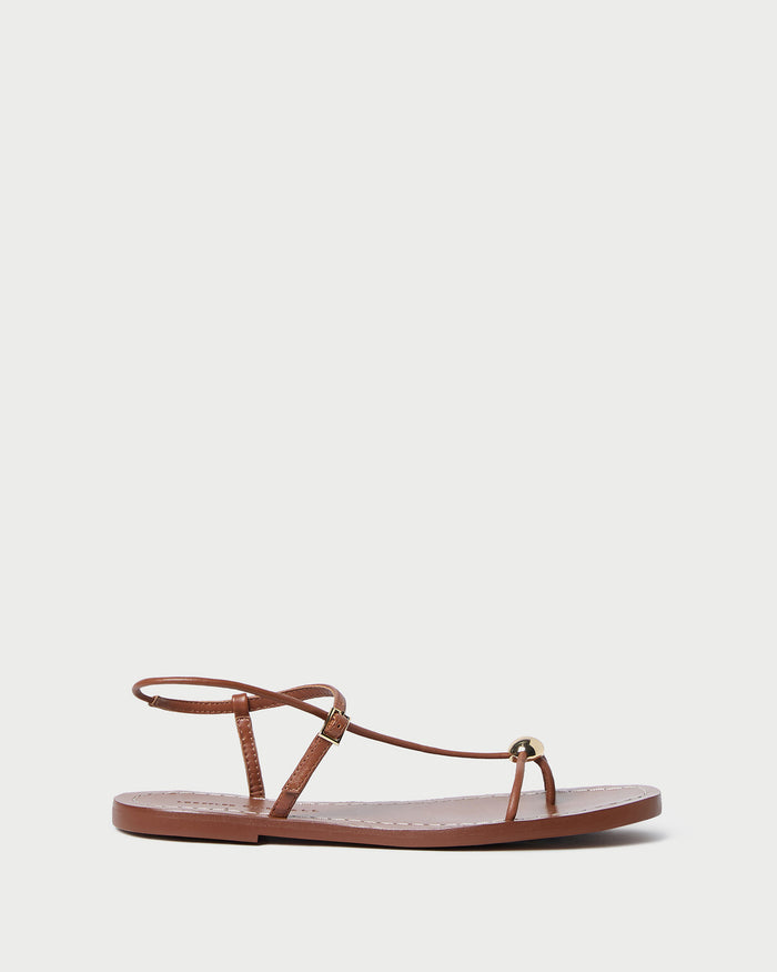 Lara Timber Leather Sandal in timber brown leather with a gold ball accent.