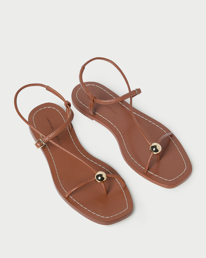 Lara Timber Leather Sandal in timber brown leather with a gold ball accent.