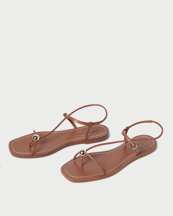 Lara Timber Leather Sandal in timber brown leather with a gold ball accent.