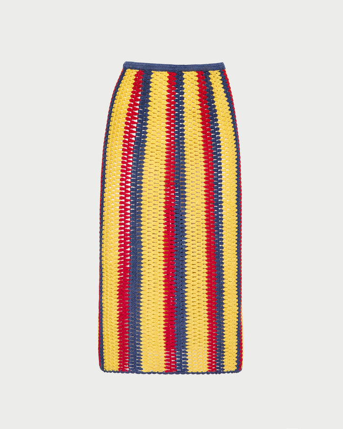 Lela Crochet Skirt in yellow, red, and navy striped hand-crocheted cotton.