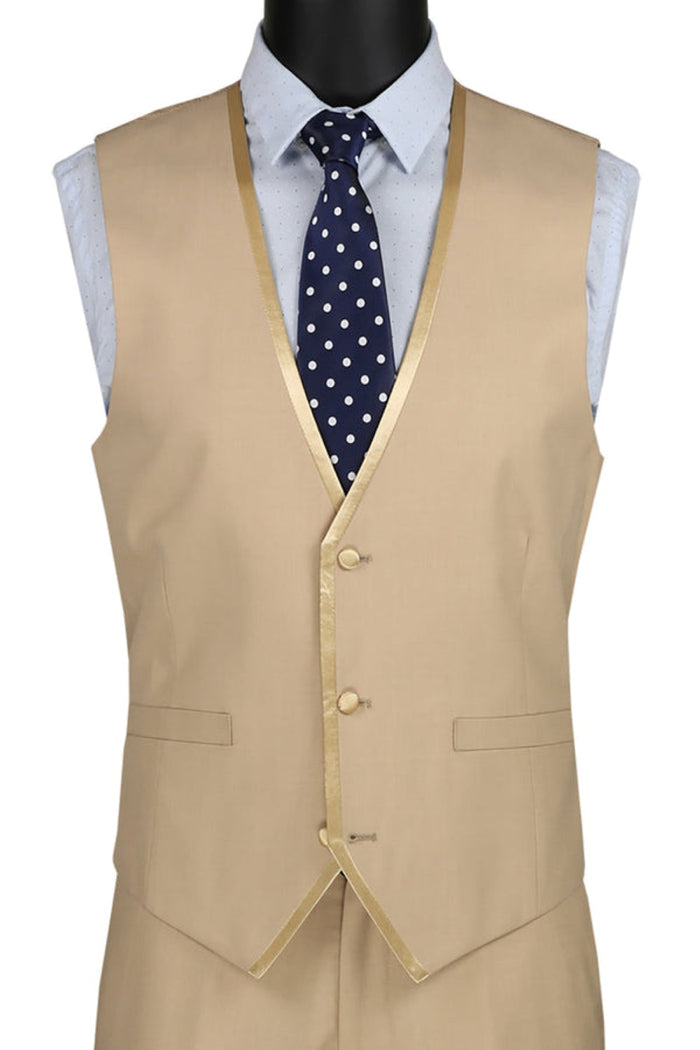 Close-up of beige men's slim fit three piece tuxedo jacket detail