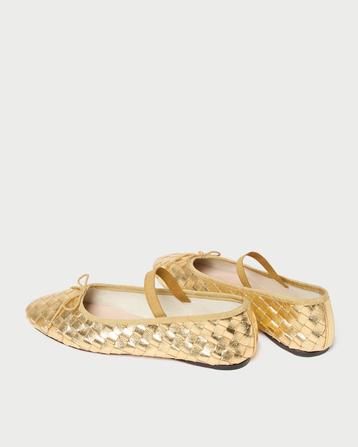 Leonie Gold Woven Ballet Flat in metallic gold woven leather.