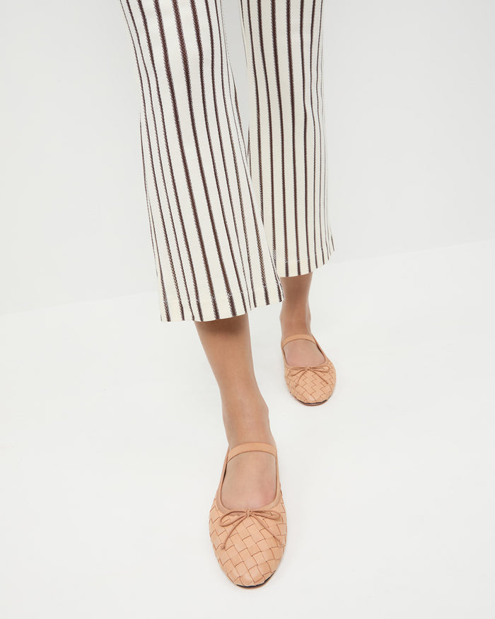 Leonie Honey Woven Ballet Flat in honey tan woven leather and Alex Pant in brown and white stripes.