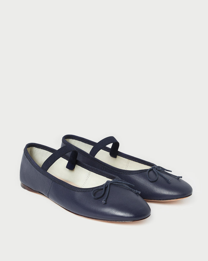 Leonie Navy Leather Ballet Flat in navy blue leather.