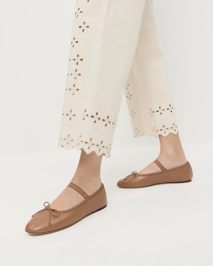 Leonie Safari Leather Ballet Flat in safari tan leather and Demi Embroidered Pant in natural denim.