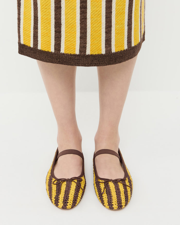 Leonie Yellow/Brown Crochet Ballet Flat in yellow and brown striped raffia and Ever Skirt in yellow and brown striped wool.