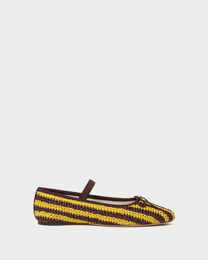 Leonie Yellow/Brown Crochet Ballet Flat in yellow and brown striped raffia.
