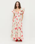 Lillia Dress in cream floral ramie and Genevieve Red/Green Moiré Flower Sandal.