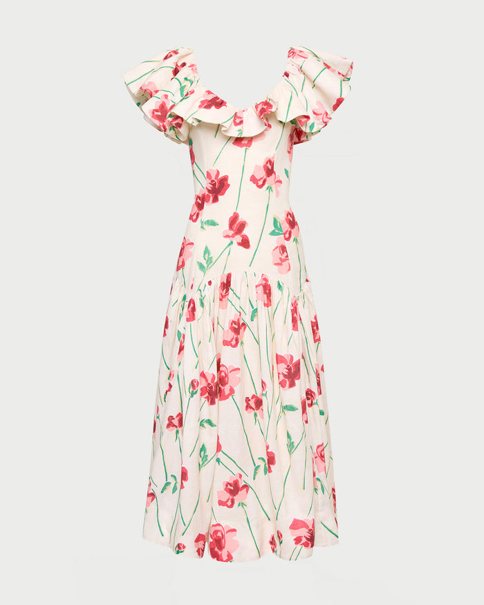 Lillia Dress in cream floral ramie.