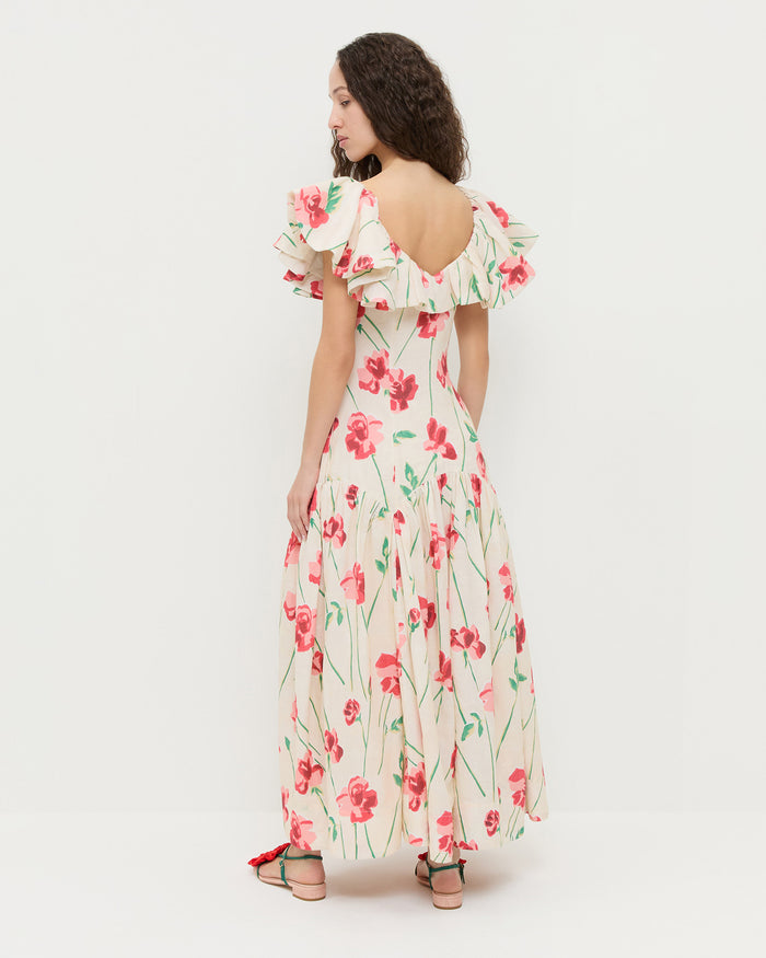 Lillia Dress in cream floral ramie and Genevieve Red/Green Moiré Flower Sandal.