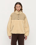 Liz Pullover Fleece in tan fleece and brown butter plaid and Molly Workwear Jean in dark brown denim.