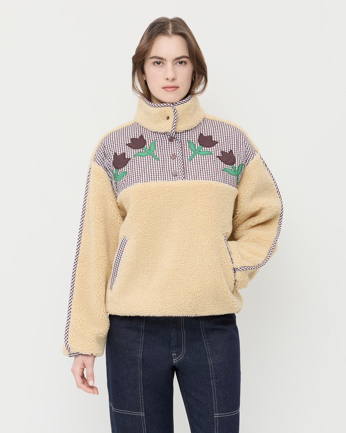 Liz Pullover Fleece in tan fleece and brown gingham floral and Molly Workwear Jean in dark blue denim.