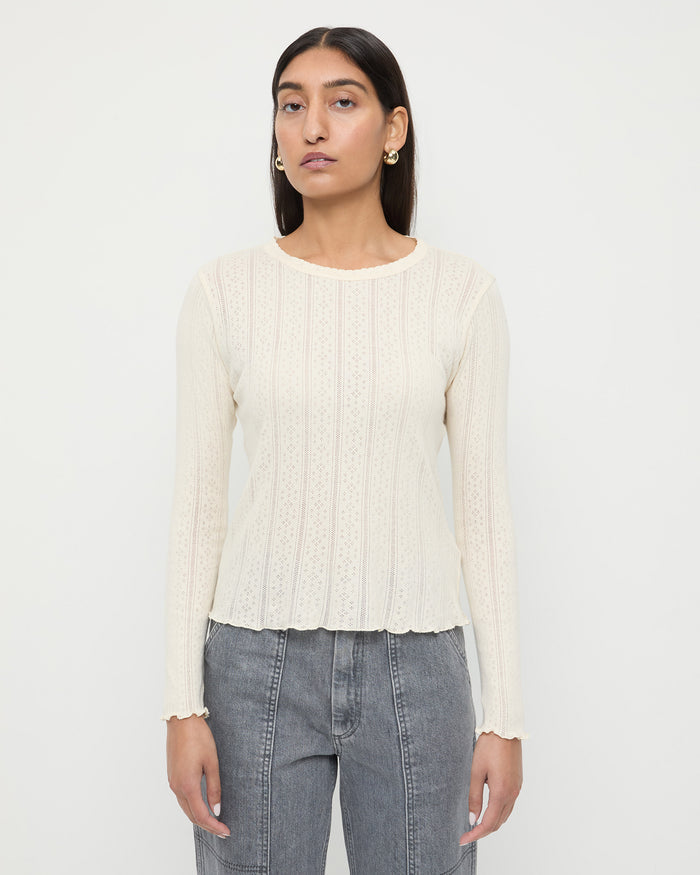 Lolo Pointelle Long-Sleeve Tee in cream pointelle fabric and Molly Workwear Jean in grey denim.