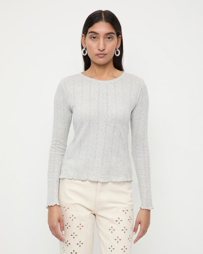 Lolo Pointelle Long-Sleeve Tee in grey pointelle fabric and Demi Embroidered Pant in natural denim.