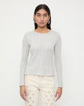 Lolo Pointelle Long-Sleeve Tee in grey pointelle fabric and Demi Embroidered Pant in natural denim.