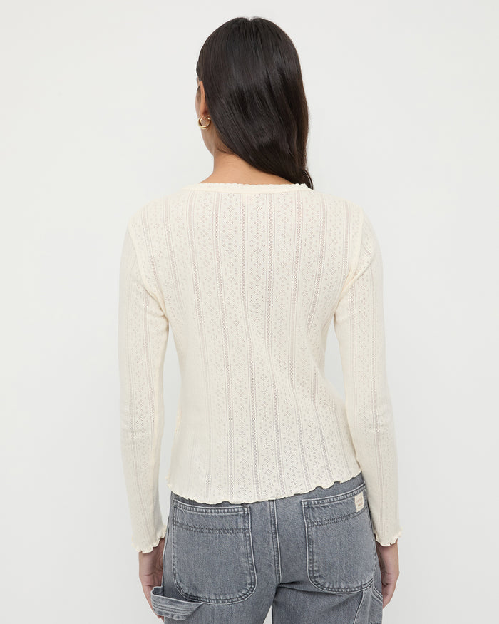 Lolo Pointelle Long-Sleeve Tee in cream pointelle fabric and Molly Workwear Jean in grey denim.