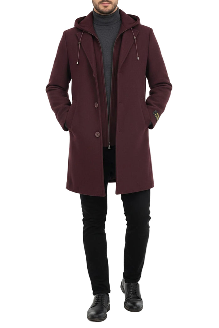 Burgundy slim fit men's wool top coat with hood
