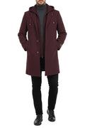 Burgundy slim fit men's wool top coat with hood