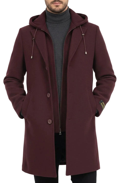 Burgundy men's slim fit wool top coat with hood