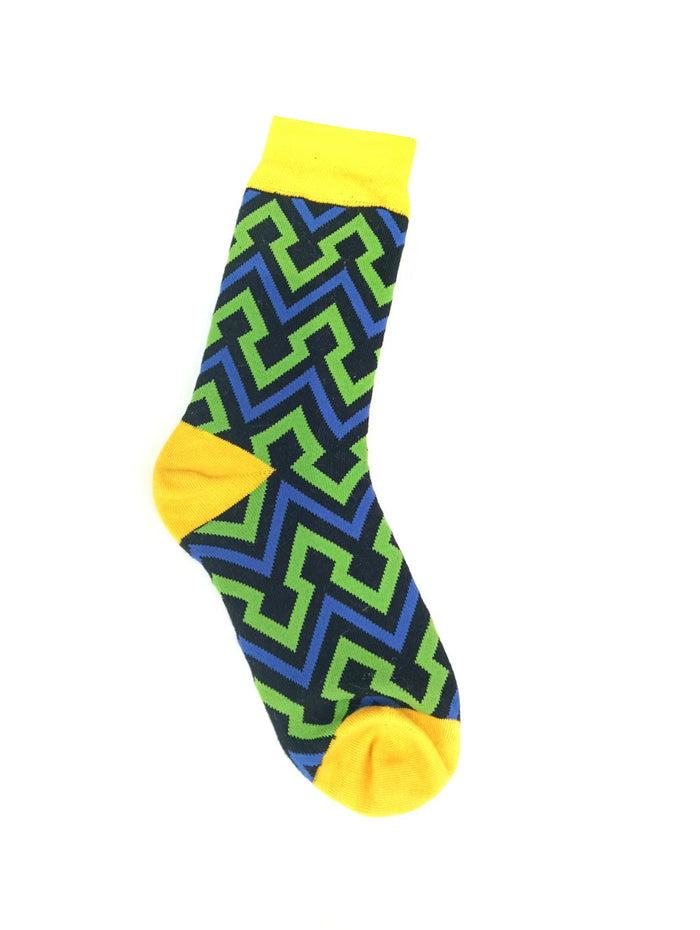 Blue and green geometric pattern men's crew socks