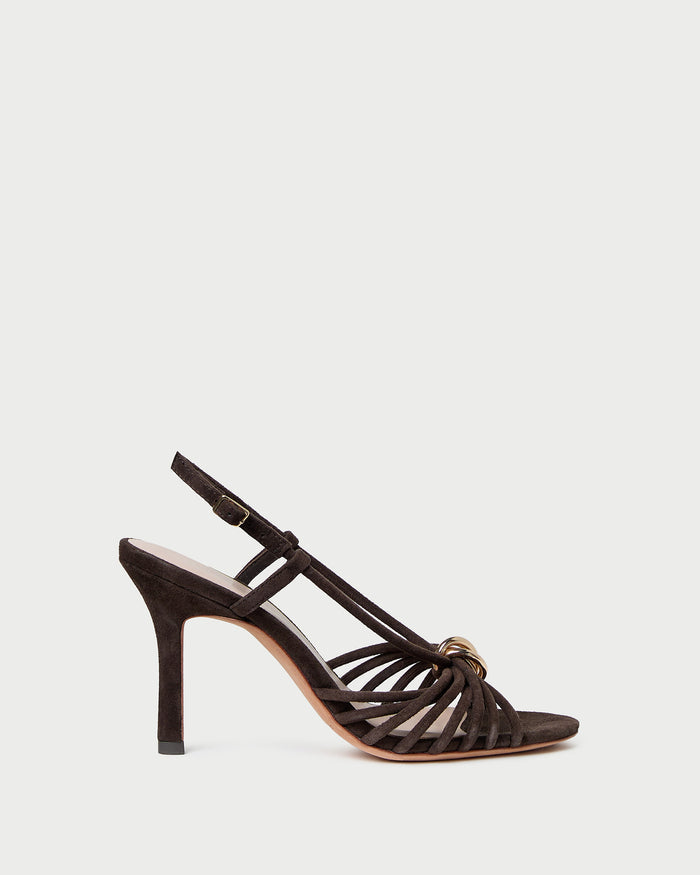 Mareka Brown Suede Strappy Heeled Sandal in brown suede and gold hardware.