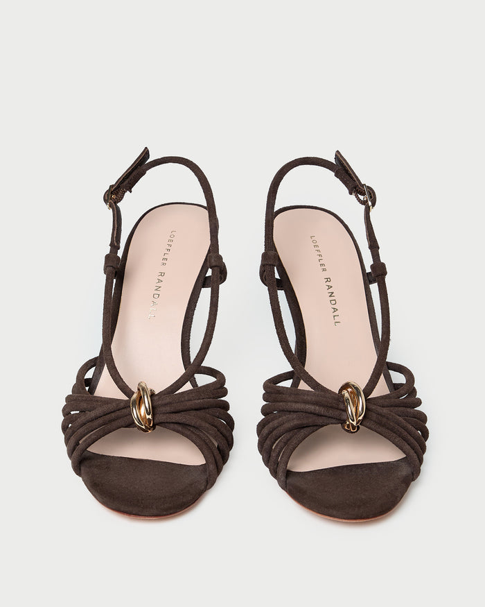 Mareka Brown Suede Strappy Heeled Sandal in brown suede and gold hardware.