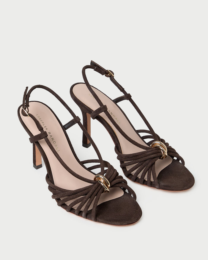 Mareka Brown Suede Strappy Heeled Sandal in brown suede and gold hardware.
