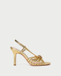 Mareka Gold Leather Strappy Heeled Sandal in gold leather and gold hardware.