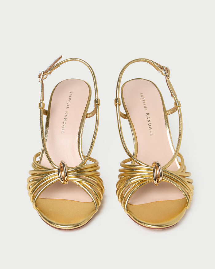 Mareka Gold Leather Strappy Heeled Sandal in gold leather and gold hardware.