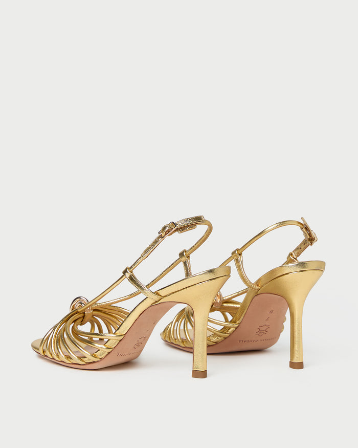 Mareka Gold Leather Strappy Heeled Sandal in gold leather and gold hardware.