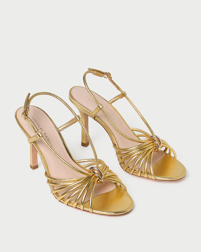 Mareka Gold Leather Strappy Heeled Sandal in gold leather and gold hardware.