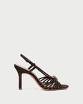 Mareka Brown Suede Strappy Heeled Sandal in brown suede and gold hardware.