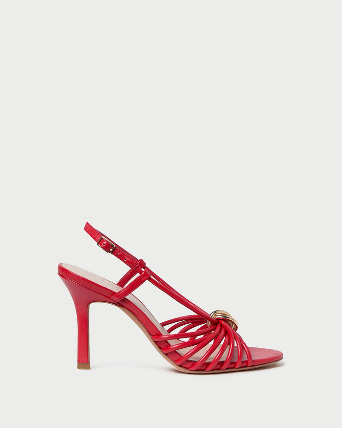 Mareka Red Leather Strappy Heeled Sandal in red leather and gold hardware.