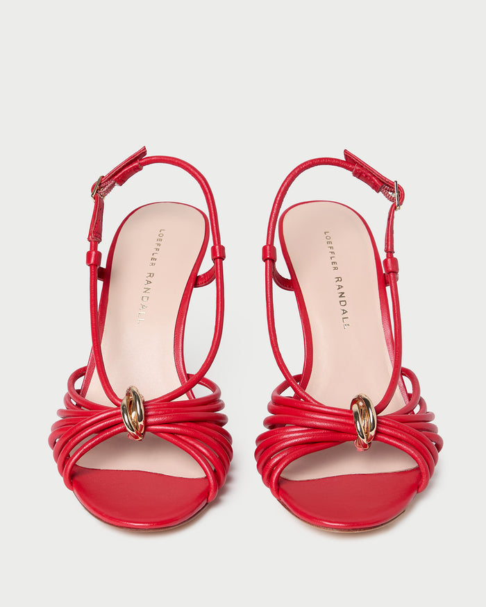 Mareka Red Leather Strappy Heeled Sandal in red leather and gold hardware.