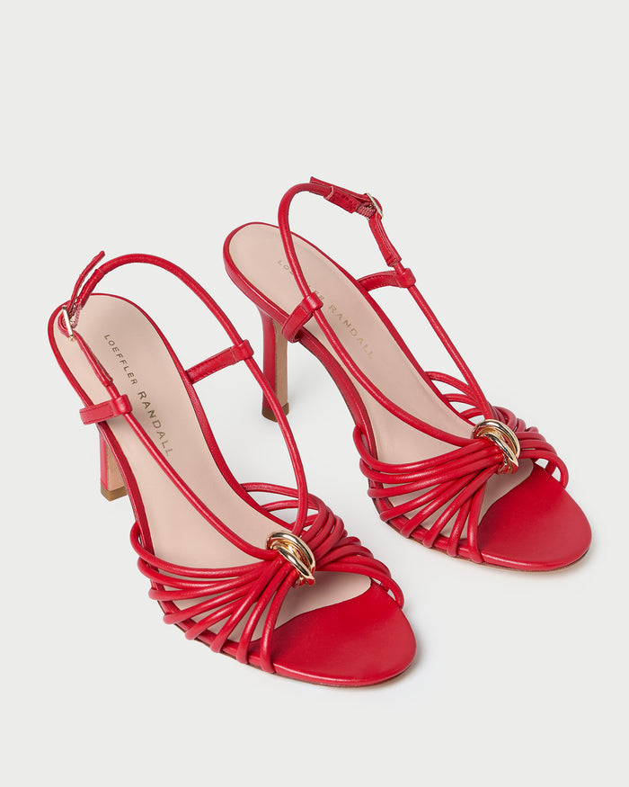 Mareka Red Leather Strappy Heeled Sandal in red leather and gold hardware.