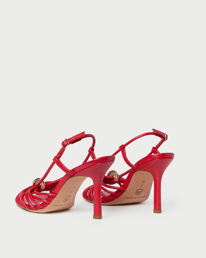 Mareka Red Leather Strappy Heeled Sandal in red leather and gold hardware.