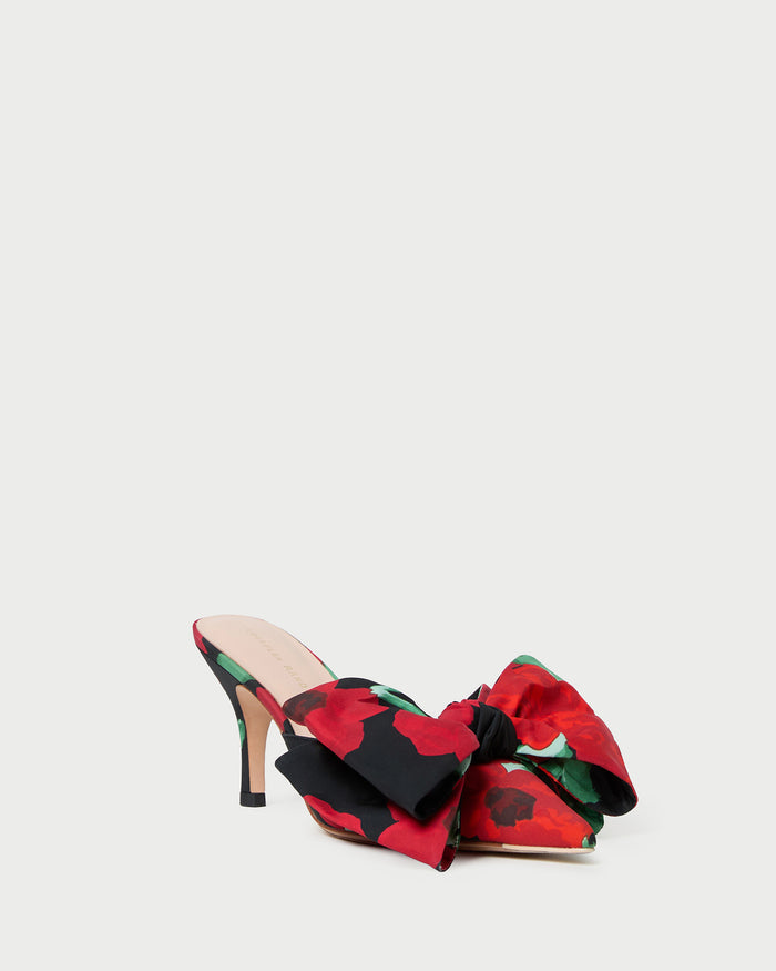 Margot Black Floral Bow Mule in black floral taffeta.