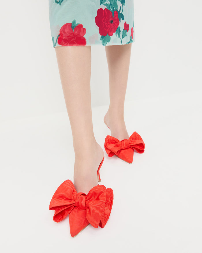 Margot Red Moiré Bow Mule in red moiré and Samara Dress in mint floral mesh.