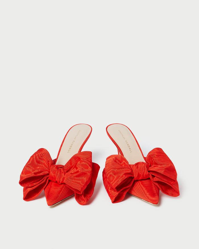 Margot Red Moiré Bow Mule in red moiré.