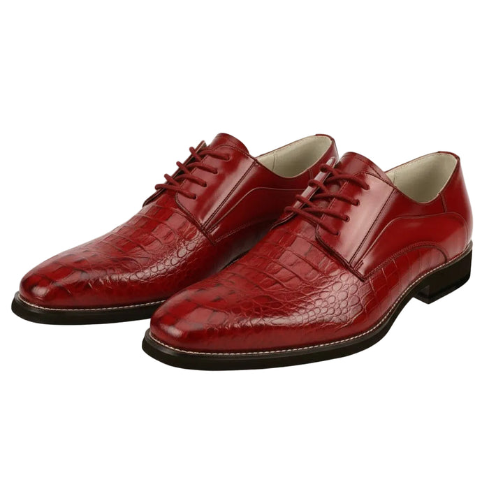 Red leather dress shoes with a textured pattern on a white background
