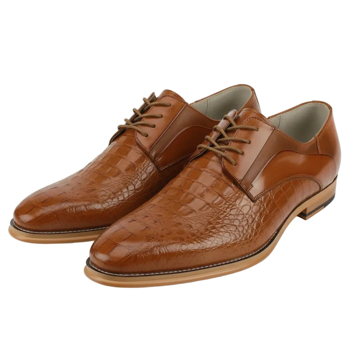 Tan leather dress shoes with textured sole on a white background