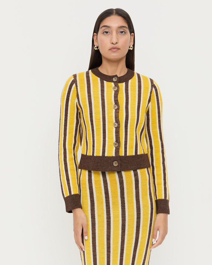 Matisse Cardigan in yellow and brown striped wool and Ever Skirt in yellow and brown striped wool.