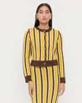 Matisse Cardigan in yellow and brown striped wool and Ever Skirt in yellow and brown striped wool.